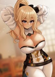 Rule 34 | 1girl, absurdres, arms behind head, arms up, belt, black belt, black bow, blonde hair, blue eyes, blurry, blurry background, bow, breasts, cleavage, closed mouth, commentary, cowboy shot, day, detached collar, detached sleeves, genshin impact, hair between eyes, hair bow, high ponytail, highres, indoors, jean (genshin impact), large breasts, long hair, long sleeves, looking at viewer, pants, ponytail, skindentation, smile, solo, sunlight, the only shoe, tight clothes, tight pants, white pants, window
