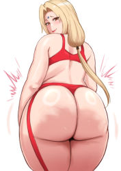 Rule 34 | 1girl, absurdres, arms at sides, ass, blonde hair, blush, bra, brown eyes, closed mouth, facial mark, feet out of frame, female focus, forehead mark, from behind, garter belt, garter straps, groin, highres, huge ass, legs, light smile, lingerie, long hair, looking at viewer, looking back, naruto, naruto (series), panties, simple background, smile, solo, standing, thighs, tsunade (naruto), twintails, underwear, underwear only, white background, zxcv (pixiv3783098)