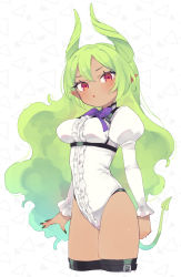Rule 34 | 1girl, :o, black nails, blush, bow, bowtie, breasts, commentary, cropped legs, dark-skinned female, dark skin, frilled leotard, frills, gradient hair, green hair, hair between eyes, hair horns, highres, juliet sleeves, leotard, long hair, long sleeves, looking at viewer, medium breasts, moyori, multicolored hair, nail polish, original, parted lips, pointy ears, puffy sleeves, purple bow, purple bowtie, red eyes, simple background, solo, symbol-only commentary, tail, very long hair, white leotard