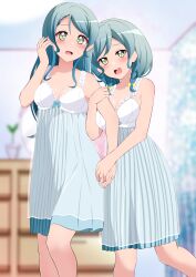Rule 34 | 2girls, absurdres, aqua hair, arm grab, bang dream!, blurry, blurry background, braid, commentary request, commission, depth of field, hand in own hair, highres, hikawa hina, hikawa sayo, indoors, kisaragi setsu (mssk8485), long hair, looking at viewer, matching outfits, medium hair, multiple girls, nightgown, open mouth, partial commentary, pixiv commission, siblings, side braids, sisters, sleepwear, smile, solo, standing, twin braids, yellow eyes