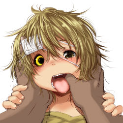 Rule 34 | 1boy, 1girl, blonde hair, brown eyes, child, drooling, eyepatch, finger in another&#039;s mouth, heterochromia, highres, koishi chikasa, medical eyepatch, messy hair, mouth pull, open mouth, original, pov, saliva, short hair, simple background, teeth, tongue, tongue out, uvula, white background, yellow eyes
