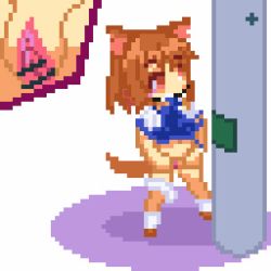Rule 34 | 1girl, animal ears, animated, animated gif, brown eyes, brown hair, censored, dog ears, dog girl, dog tail, lowres, mouth hold, original, panties around leg, peeing, pixel art, public indecency, pussy, solo, spread pussy, standing, tail, tail wagging, telephone pole