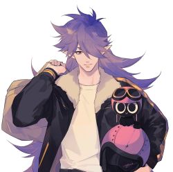 Rule 34 | 2boys, arm up, bag, bean mr12, black cat, black coat, cat, coat, fengxi (the legend of luoxiaohei), hair over one eye, helmet, highres, holding, holding bag, holding helmet, long hair, looking at viewer, luo xiaohei, luo xiaohei (cat), luo xiaohei zhanji, multiple boys, pointy ears, purple hair, shadow, shirt, simple background, smile, upper body, very long hair, white background, white shirt
