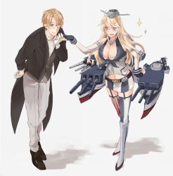 Rule 34 | 10s, 1boy, 1girl, :d, amattakana, america (hetalia), asymmetrical legwear, axis powers hetalia, bad id, bad pixiv id, belt, blonde hair, blue eyes, boots, breasts, cannon, cleavage, closed mouth, clothes writing, collared shirt, crossover, detached sleeves, dress shirt, eyebrows, fingerless gloves, front-tie top, full body, garter straps, glasses, gloves, grey eyes, grey footwear, headgear, hetero, holding hands, iowa (kancolle), kantai collection, knee boots, large breasts, leaning forward, long hair, long sleeves, looking at another, miniskirt, mismatched legwear, navel, open mouth, outstretched arm, pants, parted bangs, shadow, shirt, shoes, sketch, skirt, sleeveless, smile, sparkle, standing, striped clothes, striped thighhighs, swept bangs, symbol-shaped pupils, tailcoat, thighhighs, turret, vertical-striped clothes, vertical-striped thighhighs, zettai ryouiki