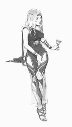 Rule 34 | 1girl, bare shoulders, belt, bracelet, breasts, circlet, commentary, cup, dress, english commentary, full body, greyscale, highres, holding, holding cup, jewelry, katorius, long hair, looking away, monochrome, original, parted bangs, parted lips, sandals, simple background, sleeveless, sleeveless dress, smile, solo, white background