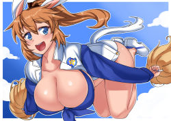 Rule 34 | 1girl, :d, alternate costume, animal ears, blue eyes, blush, breasts, charlotte e. yeager, cheerleader, cleavage, cloud, day, front-tie top, huge breasts, komusou (jinrikisha), long hair, looking at viewer, open mouth, orange hair, pom pom (cheerleading), ponytail, rabbit ears, rabbit girl, rabbit tail, shoes, sky, smile, sneakers, solo, strike witches, tail, world witches series