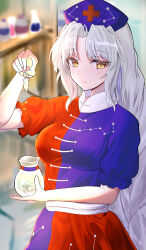Rule 34 | 1girl, absurdres, big dipper, blurry, blurry background, closed mouth, commentary, constellation, constellation print, dress, grey hair, hand up, hat, highres, holding, holding pipette, lips, long hair, looking at viewer, nurse cap, nyarocks, parted bangs, pipette, purple dress, purple hat, red dress, smile, solo, touhou, two-tone dress, upper body, very long hair, yagokoro eirin, yellow eyes