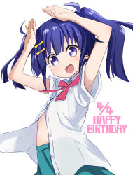 Rule 34 | 1girl, :d, abe kanari, armpit peek, arms up, blue hair, blush, bow, dated, green skirt, hair bow, happy birthday, kusanagi yuma, looking at viewer, open mouth, partially unbuttoned, pleated skirt, purple eyes, shirt, short sleeves, simple background, skirt, smile, solo, soushin shoujo matoi, twintails, white background, white shirt, yellow bow