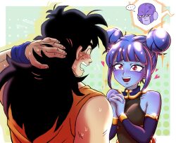 Rule 34 | ..., 1girl, 2boys, absurdres, anger vein, arm behind head, black hair, blue hair, blue skin, blush, closed eyes, colored skin, commentary, detached sleeves, double bun, dragon ball, dragon ball heroes, dragon ball super, english commentary, flying sweatdrops, hair bun, heart, hetero, highres, hit (dragon ball), multiple boys, open mouth, own hands clasped, own hands together, pea-bean, purple skin, red eyes, shiny clothes, smile, spoken character, spoken ellipsis, sweat, teeth, unamused, vidro (dragon ball), yamcha