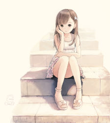 Rule 34 | 1girl, ankle strap, arm support, bad id, bad tumblr id, bare arms, bare shoulders, bow, brown background, brown eyes, brown hair, closed mouth, collarbone, convenient leg, dress, hair bow, kokudou juunigou, looking away, original, sandals, short dress, sitting, sleeveless, sleeveless dress, solo, stairs, stone stairs, toes, white bow, white dress, white footwear