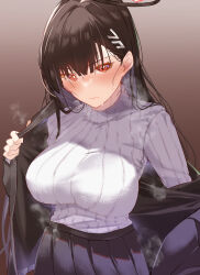Rule 34 | 1girl, absurdres, arito arayuru, black hair, blue archive, blush, colored eyelashes, hair ornament, hairclip, halo, highres, long hair, looking at viewer, off shoulder, paid reward available, pleated skirt, red eyes, ribbed sweater, rio (blue archive), skirt, solo, sweat, sweater, variant set