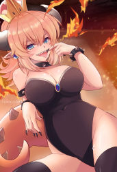 Rule 34 | 1girl, armlet, artist name, bare shoulders, black leotard, black thighhighs, blonde hair, blue eyes, bowsette, bracelet, breasts, cleavage, collar, covered navel, earrings, fire, hair between eyes, highres, jewelry, large breasts, leotard, looking at viewer, mario (series), md5 mismatch, naopy, new super mario bros. u deluxe, nintendo, open mouth, pointy ears, ponytail, resolution mismatch, saliva, sharp teeth, short hair, solo, source smaller, spiked armlet, spiked bracelet, spiked collar, spikes, super crown, tail, teeth, thighhighs, tongue, tongue out