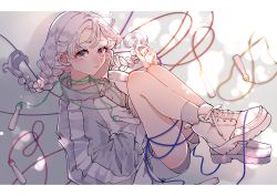 Rule 34 | 1girl, absurdres, braid, chilcy35, grey jacket, highres, jacket, jump rope, letterboxed, long sleeves, looking at viewer, original, shoes, short shorts, shorts, grey eyes, sneakers, twin braids, twintails, white hair