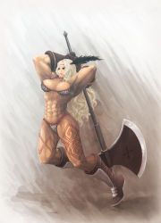 Rule 34 | 1girl, amazon (dragon&#039;s crown), armor, axe, bad id, bad pixiv id, bikini armor, blonde hair, boots, breasts, circlet, dragon&#039;s crown, feathers, gloves, halberd, highres, long hair, muscular, muscular female, polearm, solo, thick thighs, thighs, vanillaware, weapon