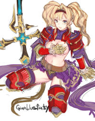 Rule 34 | 10s, 1girl, armor, armored dress, belt, blonde hair, blue eyes, bracer, breasts, covering breasts, covering privates, garter straps, granblue fantasy, hair intakes, hairband, highres, kneeling, large breasts, long hair, pauldrons, red armor, shoulder armor, showgirl skirt, sketch, skirt, solo, tetsu (kimuchi), thighhighs, torn clothes, zeta (granblue fantasy)