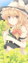 Rule 34 | 1girl, bad id, bad pixiv id, blonde hair, blouse, braid, expressionless, female focus, flower, frills, hat, hat ribbon, highres, holding, kirisame marisa, lily (flower), long hair, long image, looking at viewer, mizunashi kenichi, nature, open mouth, outdoors, plant, ribbon, shirt, side braid, skirt, sky, solo, standing, tall image, touhou, vest, wavy hair, witch, witch hat, yellow eyes