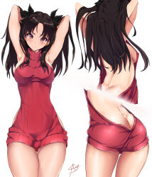 Rule 34 | 1girl, aori sora, armpits, arms up, ass, backboob, backless outfit, black ribbon, blush, breasts, brown hair, butt crack, closed mouth, cowboy shot, fate/stay night, fate (series), feet out of frame, female focus, from behind, hair ribbon, large breasts, long hair, meme attire, multiple views, parent:3562587, red eyes, red sweater, ribbon, sideboob, signature, simple background, sleeveless, sleeveless turtleneck, solo, standing, sweater, thigh gap, thighs, tohsaka rin, turtleneck, turtleneck sweater, virgin killer sweater, white background