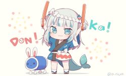 Rule 34 | 1girl, animal ears, arms up, aruya (flosrota), blue eyes, blue hair, blush, brown footwear, closed mouth, eyebrows hidden by hair, fins, fish tail, gawr gura, hair ornament, haori, highres, holding, hololive, hololive english, japanese clothes, long hair, looking at viewer, multicolored hair, rabbit ears, sandals, shadow, shark tail, short sleeves, silver hair, socks, standing, streaked hair, tail, two side up, virtual youtuber, wavy mouth, white background, white legwear, wide sleeves, zouri
