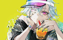 Rule 34 | + +, 1other, absurdres, ambiguous gender, black nails, black shirt, bow, bracelet, bubble tea, chain, chain necklace, commentary, drinking straw, eyelashes, eyes visible through hair, flipped hair, food, green bow, hair over one eye, highres, holding, holding food, huge filesize, jacket, jewelry, light smile, multiple rings, mura karuki, nail polish, necklace, off-shoulder shirt, off shoulder, original, pink eyes, ring, see-through, see-through jacket, shirt, short hair, simple background, upper body, visor cap, white hair, yellow background