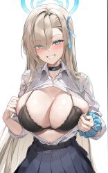 Rule 34 | 1girl, absurdres, asuna (blue archive), black bra, black choker, blonde hair, blue archive, blue eyes, blush, bra, breasts, choker, grin, hair ribbon, halo, highres, large breasts, long hair, mole, mole on breast, open clothes, open shirt, pleated skirt, ribbon, samart, scrunchie, shirt, shirt tucked in, simple background, skirt, smile, solo, sweat, teeth, underwear, upper body, very long hair, white background, white shirt, wrist scrunchie
