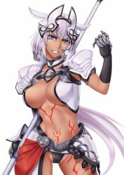 Rule 34 | armor, breasts, cleavage, highres, pussy, polearm, silver hair, spear, weapon