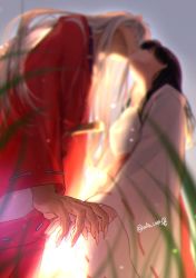 Rule 34 | 1boy, 1girl, animal ears, black hair, blurry, couple, cowboy shot, day, depth of field, dog ears, face-to-face, fingernails, from below, from side, grass, hakama, hetero, highres, higurashi kagome, holding hands, inuyasha, inuyasha (character), japanese clothes, jewelry, kiss, light particles, long fingernails, long hair, long sleeves, miko, motobi (mtb umk), necklace, red hakama, ribbon-trimmed sleeves, ribbon trim, smile, standing, sunlight, sword, weapon, white hair, wide sleeves