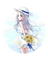 Rule 34 | 1girl, arms behind back, bare arms, bare shoulders, blue sky, blush stickers, bouquet, cloud, cowboy shot, day, dress, flower, from behind, hair blowing, hat, hat ribbon, highres, holding, holding bouquet, long hair, looking at viewer, looking back, miinya (mimi-1109), original, outdoors, petals, purple eyes, ribbon, round image, silver hair, sky, smile, solo, strapless, strapless dress, summer, sun hat, sundress, sunflower, wind