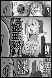 Rule 34 | !, !!, 1boy, 1girl, 3koma, ?, ahegao, bald, blush, breasts, choker, collarbone, comic, covering own mouth, drooling, ear piercing, earrings, ekz (robotekz), english text, facial mark, greyscale, heart, heart facial mark, highres, jewelry, large breasts, long hair, monochrome, multicolored hair, original, piercing, shirt, speech bubble, spoken exclamation mark, spoken question mark, tongue, tongue out, two-tone hair
