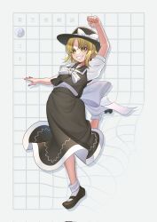 Rule 34 | 1girl, arm up, black footwear, black hat, black skirt, black vest, blonde hair, bow, bowtie, clenched hand, grin, guumin, hat, hat bow, highres, leg up, mary janes, shirt, shoes, skirt, smile, socks, solo, touhou, touhou (pc-98), vest, white bow, white bowtie, white shirt, white socks, yellow eyes, yin yang, yuki (touhou)
