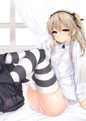 Rule 34 | 10s, 1girl, arm at side, black hairband, black ribbon, black skirt, blush, brown eyes, brown hair, closed mouth, clothes pull, collared shirt, commentary request, covered erect nipples, curtains, frilled skirt, frills, girls und panzer, hair between eyes, hair ribbon, hairband, hand up, harino646, highres, indoors, legs up, long hair, long sleeves, looking at viewer, no bra, on bed, panties, ribbon, see-through, shimada arisu, shirt, skirt, skirt pull, sleeves past wrists, solo, striped clothes, striped thighhighs, thighhighs, two side up, underwear, white panties, white shirt, window