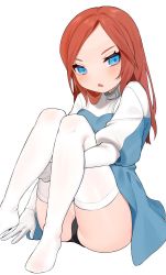 Rule 34 | 1girl, :o, animification, apex legends, ashleigh reid, black panties, blue dress, blue eyes, blush, brown hair, dress, gloves, hand on own thigh, highres, looking at viewer, nagoooon 114, open mouth, panties, sitting, solo, thighhighs, underwear, white background, white gloves, white thighhighs