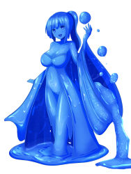 Rule 34 | 1girl, :d, blue eyes, blue hair, blue skin, breasts, colored skin, dress, full body, hand up, long hair, medium breasts, monster girl, open mouth, original, rethnick, simple background, slime girl, smile, solo, standing, white background, wide sleeves