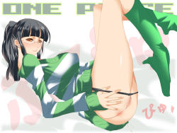 Rule 34 | 1girl, anus, ass, bad id, bad pixiv id, black hair, black panties, blunt bangs, blush, boots, breasts, brown eyes, censored, covered erect nipples, dress, female focus, female pubic hair, fringe trim, from side, glasses, green footwear, high heels, knee boots, knees up, large breasts, legs up, long hair, long sleeves, looking at viewer, morihama karute, nico robin, nico robin (strong world), one piece, one piece: strong world, panties, panty pull, ponytail, pubic hair, pussy, shirt, shoes, short dress, smile, solo, striped clothes, striped dress, striped shirt, striped sweater, sweater, sweater dress, underwear, undressing