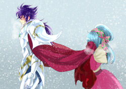 Rule 34 | 1boy, 1girl, armor, blue eyes, blue hair, bow, cape, couple, covered face, covering face, cowboy shot, from side, gullinbursti frodi, hair bow, jobo (isi88), long hair, lyfia (saint seiya), lyfia (saint seiya: soul of gold), purple hair, saint seiya, saint seiya: soul of gold, snowing, standing