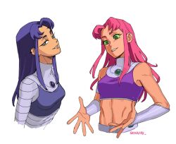 Rule 34 | 2girls, artist name, bare shoulders, blackfire, breasts, colored sclera, commentary, cropped torso, dc comics, ear piercing, english commentary, green eyes, green sclera, grin, highres, jenxd d, looking at viewer, medium breasts, multiple girls, navel, outstretched hand, piercing, purple eyes, purple hair, red hair, siblings, simple background, sisters, smile, starfire, teen titans, teeth, white background