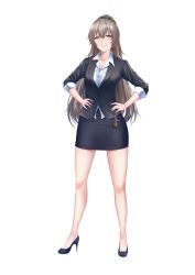 Rule 34 | 1girl, absurdres, alternate costume, badge, black bow, black footwear, black skirt, black suit, bow, brown eyes, brown hair, brown scrunchie, business suit, collarbone, collared shirt, footwear bow, formal, full body, girls&#039; frontline, hair between eyes, hair ornament, hair scrunchie, hands on own hips, high heels, highres, jewelry, long hair, long sleeves, lump99, miniskirt, nail polish, parted lips, ponytail, purple nails, ring, scar, scar across eye, scar on face, scrunchie, shirt, shoes, sidelocks, simple background, skirt, sleeves rolled up, smile, solo, standing, suit, teeth, ump45 (girls&#039; frontline), white background, white shirt