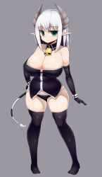 Rule 34 | 1girl, aqua eyes, bare shoulders, bell, belly, black panties, black thighhighs, blush, breasts, cleavage, collar, cow girl, cow tail, cowbell, demon girl, elbow gloves, full body, gloves, grey background, highres, horns, huge breasts, leather, long hair, looking at viewer, luna bittermilk, neck bell, original, panties, plump, pointy ears, puffy nipples, sawati, simple background, solo, standing, tail, thick thighs, thighhighs, thighs, underwear, white hair, wide hips