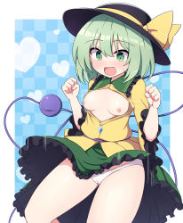 Rule 34 | 1girl, blue background, blush, border, bow, breasts, breasts out, cameltoe, checkered background, cleft of venus, contrapposto, feet out of frame, frilled shirt collar, frills, full-face blush, green eyes, green hair, green skirt, hair between eyes, hands up, hat, hat bow, heart, komeiji koishi, motion lines, nipples, open mouth, outside border, petticoat, rizento, shirt, simple background, skirt, solo, third eye, touhou, white border, wind, wind lift, yellow bow, yellow shirt