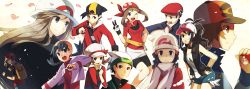 Rule 34 | 00s, 10s, 1990s (style), 5boys, 6+girls, alternate costume, bandana, brendan (pokemon), brendan (pokemon emerald), commentary, creatures (company), dawn (pokemon), ethan (pokemon), everyone, game freak, hat, hilbert (pokemon), hilda (pokemon), holding, holding poke ball, kris (pokemon), leaf (pokemon), long image, lucas (pokemon), lyra (pokemon), may (pokemon), milestone celebration, multiple boys, multiple girls, nintendo, poke ball, poke ball (basic), pokemon, pokemon bw, pokemon dppt, pokemon frlg, pokemon gsc, pokemon hgss, pokemon rgby, pokemon rse, red (pokemon), red (pokemon frlg), retro artstyle, weee (raemz), wide image, winter clothes