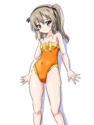 Rule 34 | 1girl, absurdres, bare shoulders, black ribbon, blush, bow, bow swimsuit, breasts, brown eyes, closed mouth, commentary, covered navel, girls und panzer, hair ribbon, highres, light brown hair, light frown, long hair, looking at viewer, one-piece swimsuit, one side up, orange one-piece swimsuit, ribbon, shadow, shimada arisu, simple background, small breasts, solo, standing, strapless, strapless one-piece swimsuit, swimsuit, takobe yadako, wet, white background, yellow bow