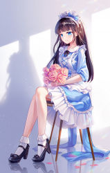 Rule 34 | 1girl, absurdres, ankle socks, apron, black hair, black socks, blue bow, blue eyes, blunt bangs, bobby socks, bow, chair, commentary request, crossed legs, dress, flower, frill trim, frills, high heels, highres, lalazyt, light smile, long hair, maid, maid apron, maid headdress, mary janes, original, petals, pink flower, reflective floor, revision, ribbon, shoes, sidelocks, sitting, socks, solo, sunlight, tail, tail ornament, tail ribbon, white apron, white socks