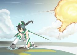 Rule 34 | 1girl, bad id, bad pixiv id, green hair, long hair, palette suit, ponytail, saegusa wakaba, solo, sword, vividred operation, weapon