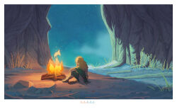 Rule 34 | 1boy, absurdres, archaic set (zelda), blonde hair, campfire, from behind, highres, knee up, link, long hair, moonlight, night, nintendo, pointy ears, scenery, sitting, sky, solo, star (sky), starry sky, the legend of zelda, wide shot, x.x.d.x.c