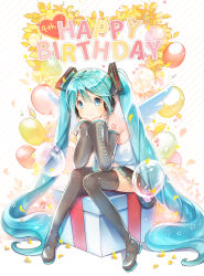 Rule 34 | 1girl, aqua eyes, aqua hair, balloon, head rest, detached sleeves, full body, gift, happy birthday, hatsune miku, headset, high boots, highres, long hair, looking at viewer, necktie, petals, sibyl, sitting, skirt, smile, solo, star (symbol), striped, striped background, thighhighs, twintails, very long hair, vocaloid, wings