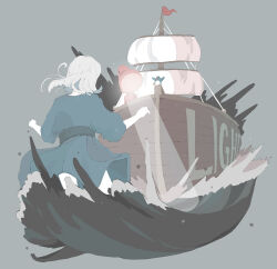 Rule 34 | 1girl, absurdres, bird, blue dress, dress, english text, from behind, grey background, grey hair, highres, looking at another, mast, medium hair, nocopyrightgirl, ocean, original, pale skin, penguin, searchlight, ship, simple background, solo, watercraft
