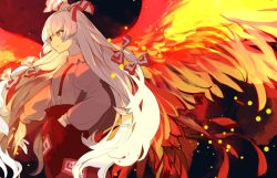 Rule 34 | 1girl, baggy pants, beige shirt, black background, bow, collared shirt, cowboy shot, eye color request, feathered wings, fiery wings, fire, floating hair, from side, fujiwara no mokou, hair bow, hands in pockets, highres, hime cut, juliet sleeves, kerok (joniko1110), light particles, long hair, long sleeves, ofuda, ofuda on clothes, pants, phoenix wings, puffy sleeves, red eyes, red pants, shirt, sidelocks, solo, suspenders, touhou, very long hair, white bow, white hair, wings