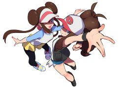 Rule 34 | 2girls, absurdres, arms up, bare shoulders, baseball cap, black footwear, black legwear, black vest, blue eyes, boots, bow, breasts, brown hair, creatures (company), cutoffs, denim, denim shorts, double bun, game freak, grin, hair bun, hat, high ponytail, highres, hilda (pokemon), jikatarou, long hair, long sleeves, looking at viewer, multiple girls, nintendo, one eye closed, open mouth, pantyhose, pantyhose under shorts, pink bow, pokemon, pokemon bw, pokemon bw2, raglan sleeves, rosa (pokemon), shirt, shoes, short shorts, shorts, sidelocks, simple background, small breasts, smile, sneakers, tank top, twintails, very long hair, vest, visor cap, white background, white shirt, wristband, yellow shorts