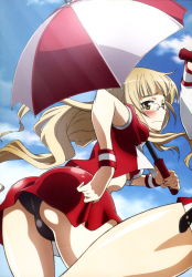 Rule 34 | 1girl, absurdres, ass, black panties, blonde hair, blush, embarrassed, glasses, highres, kawamura kousuke, long hair, looking back, panties, pantyshot, perrine h. clostermann, race queen, solo, strike witches, trefoil, umbrella, underwear, world witches series, wristband, yellow eyes