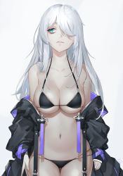 Rule 34 | 1girl, bare shoulders, bikini, black bikini, black jacket, blue eyes, breasts, cleavage, closed mouth, collarbone, cowboy shot, emyo, expressionless, hair over one eye, halterneck, halterneck, highres, jacket, large breasts, long hair, long sleeves, looking away, mole, mole under eye, multi-strapped bikini, navel, off shoulder, open clothes, open jacket, original, simple background, skindentation, solo, stomach, string bikini, swimsuit, thigh gap, thighs, white background, white hair