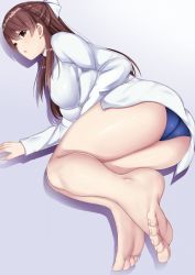 Rule 34 | 10s, 1girl, ass, barefoot, blouse, blue panties, blush, brave witches, breasts, brown eyes, brown hair, dress shirt, feet, foot focus, half updo, highres, karibuchi takami, large breasts, long hair, looking at viewer, lying, on side, otono fei, panties, pantyshot, parted lips, pov, shirt, soles, solo, strike witches, toes, underwear, white shirt, world witches series